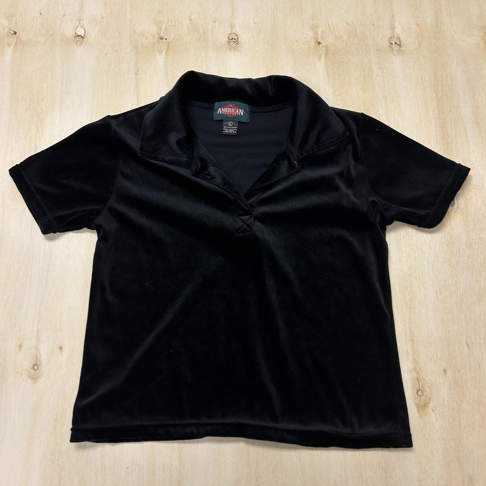 Vintage American Outpost Polo Shirt Womens Large Black Velour Short Sleeve Top
